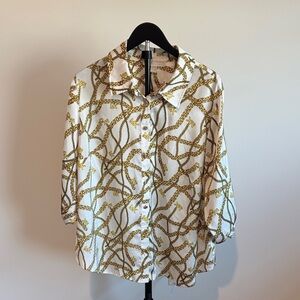 Michael Kors White & Gold Chain Print Button-Up Blouse LIKE NEW